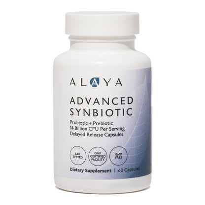 Alaya Naturals Advanced Synbiotic - Probiotic + Prebiotic - 14 Billion CFU Delayed Release Probiotic Supplement with Prebiotics from Sunfiber®, and L-glutamine for Gut Lining Integrity - 60 Capsules - dailyvitalstore