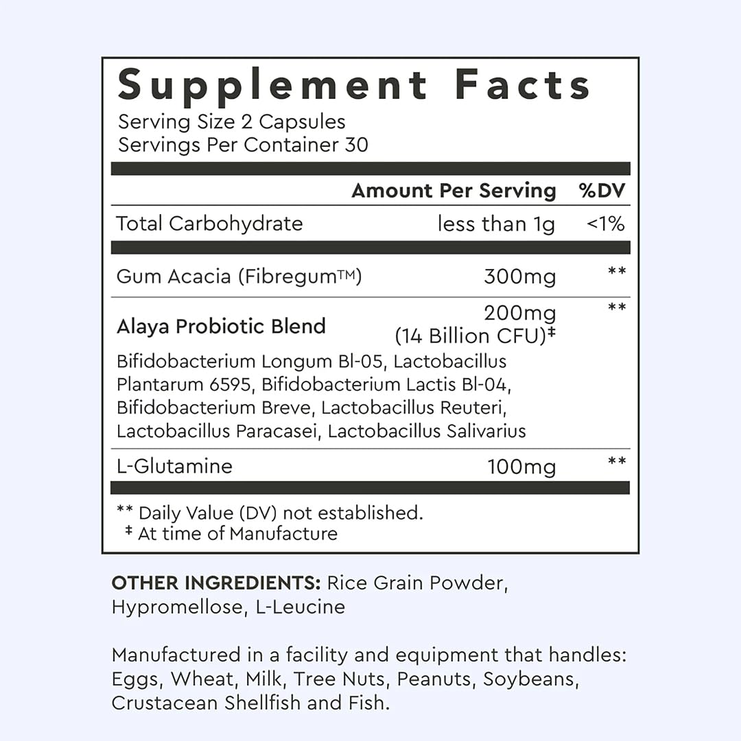 Alaya Naturals Advanced Synbiotic - Probiotic + Prebiotic - 14 Billion CFU Delayed Release Probiotic Supplement with Prebiotics from Sunfiber®, and L-glutamine for Gut Lining Integrity - 60 Capsules - dailyvitalstore