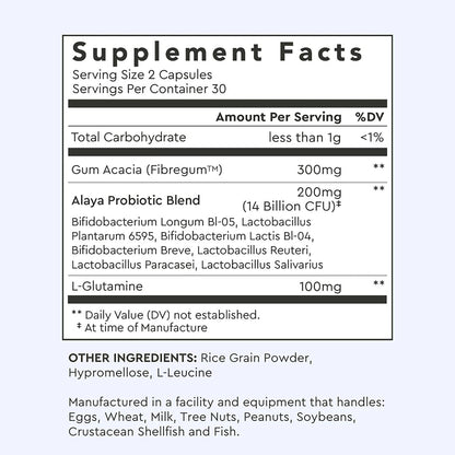 Alaya Naturals Advanced Synbiotic - Probiotic + Prebiotic - 14 Billion CFU Delayed Release Probiotic Supplement with Prebiotics from Sunfiber®, and L-glutamine for Gut Lining Integrity - 60 Capsules - dailyvitalstore