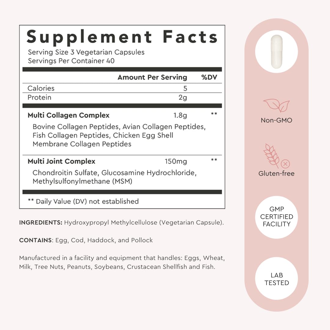 Alaya Naturals Hydrolyzed Multi Collagen Peptides Protein Capsules - Type I, II, III, V, X Grass-Fed Bovine, Chicken, Marine Collagen Supplement with MSM - dailyvitalstore