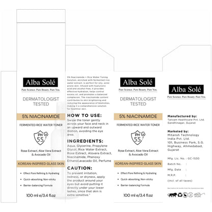 Alba Solé 5% Niacinamide Face Toner with Fermented Rice Water | pH 5.5 Balancing Toner | Hydrates, Refines Pores & Brightens for Glass Skin - dailyvitalstore