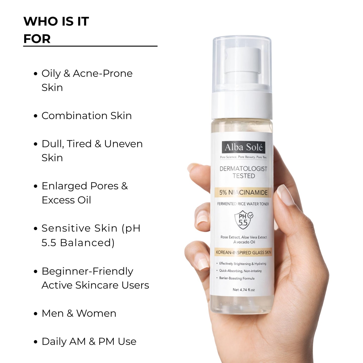 Alba Solé 5% Niacinamide Face Toner with Fermented Rice Water | pH 5.5 Balancing Toner | Hydrates, Refines Pores & Brightens for Glass Skin - dailyvitalstore