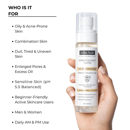 Alba Solé 5% Niacinamide Face Toner with Fermented Rice Water | pH 5.5 Balancing Toner | Hydrates, Refines Pores & Brightens for Glass Skin - dailyvitalstore