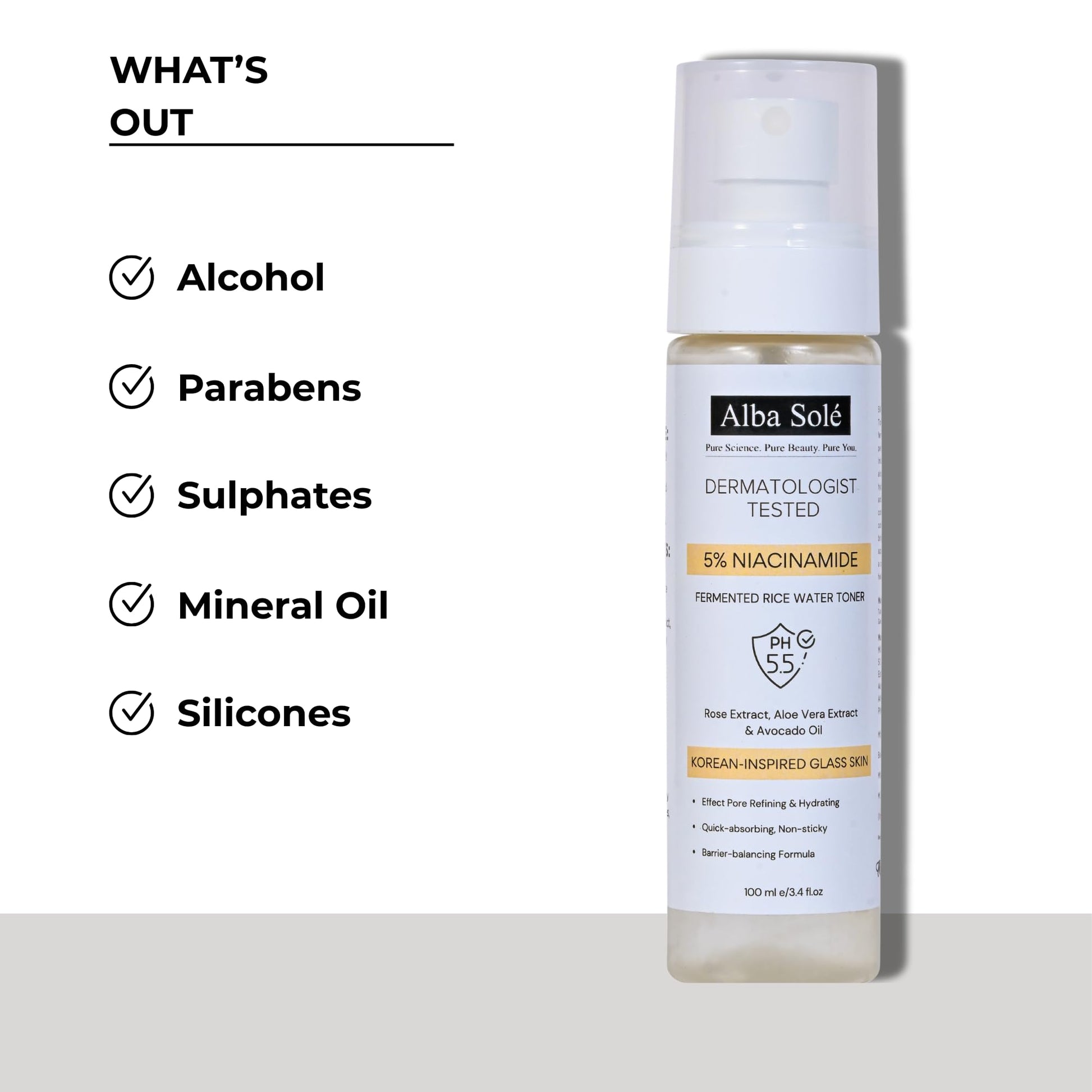 Alba Solé 5% Niacinamide Face Toner with Fermented Rice Water | pH 5.5 Balancing Toner | Hydrates, Refines Pores & Brightens for Glass Skin - dailyvitalstore