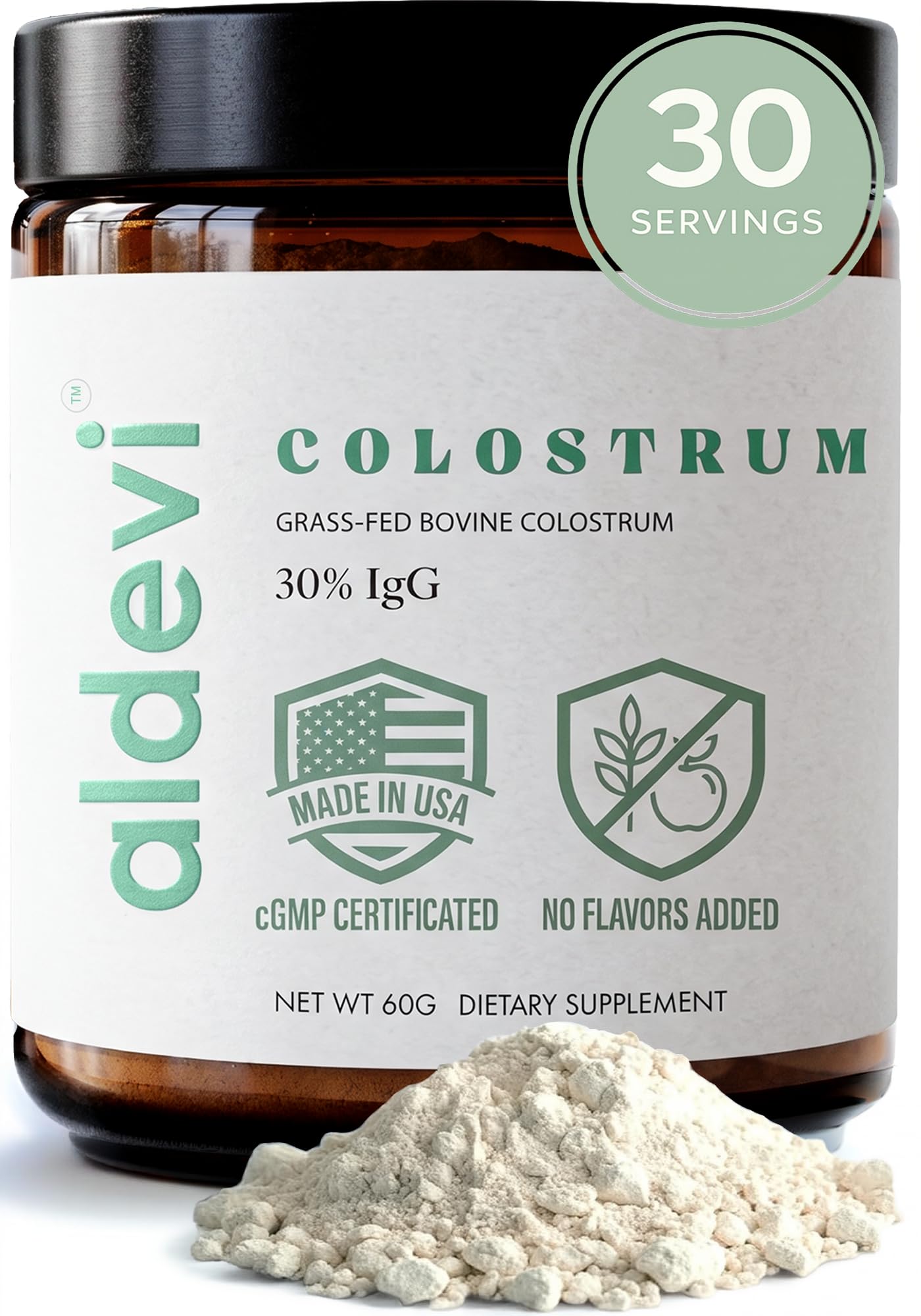 aldevi Bovine Colostrum Powder, Grass-Fed & Pasture-Raised, Made in USA, cGMP, High IgG, Unflavored, Mixes Easily, Gut & Immune Support, 30 Servings - dailyvitalstore