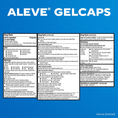 Aleve Pain Reliever & Fever Reducer Gelcaps, Naproxen Sodium, Headache and Back and Body Pain Relief Medicine, for Adults and Children Ages 12 and Up, 90 Count - dailyvitalstore