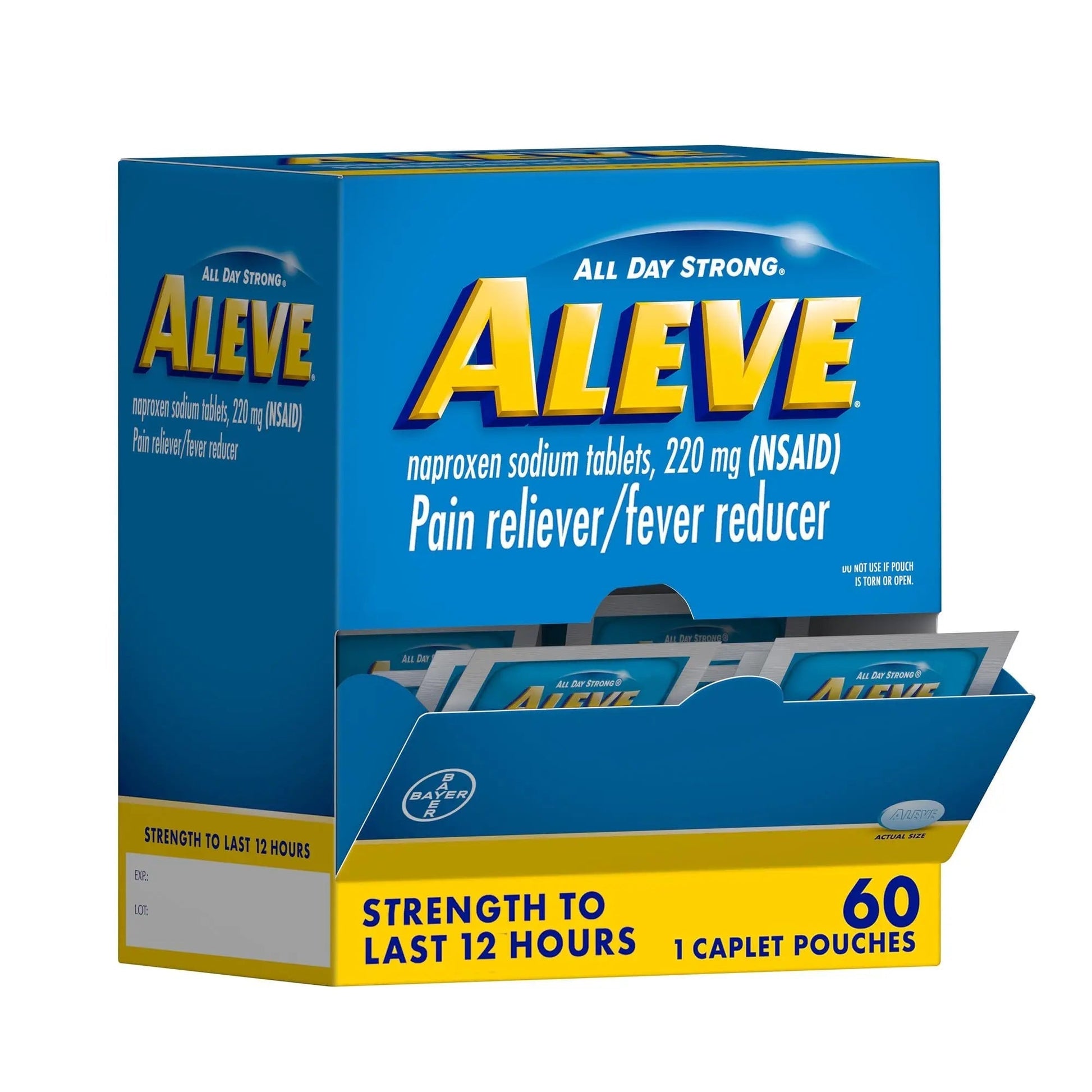 Aleve Pain Reliever & Fever Reducer Naproxen Sodium Caplets, Body and Arthritis Pain Reliever, Medicine for Adults and Children Ages 12 and Up, 60 Individual Pouches - dailyvitalstore