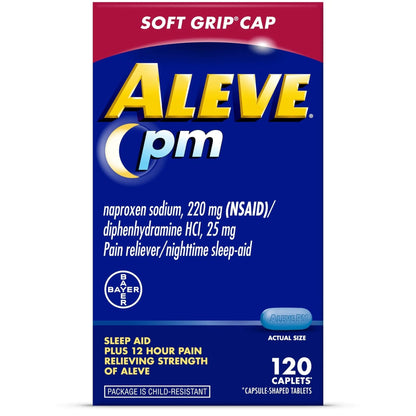 Aleve PM Sleep Aid Plus Pain Reliever Caplets, Naproxen Sodium & Diphenhydramine HCl, Nighttime, 120 Count - dailyvitalstore