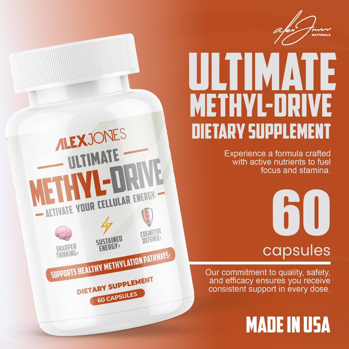 Alex Jones Naturals Methyl Drive Vitamin B Methylated Complex Formula – Mitochondrial Support Supplement w/ CoQ10, PQQ Supplement, Magnesium, B Methylated Complex & BioPerine – 60 Capsules - dailyvitalstore