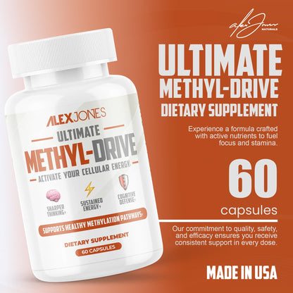Alex Jones Naturals Methyl Drive Vitamin B Methylated Complex Formula – Mitochondrial Support Supplement w/ CoQ10, PQQ Supplement, Magnesium, B Methylated Complex & BioPerine – 60 Capsules - dailyvitalstore