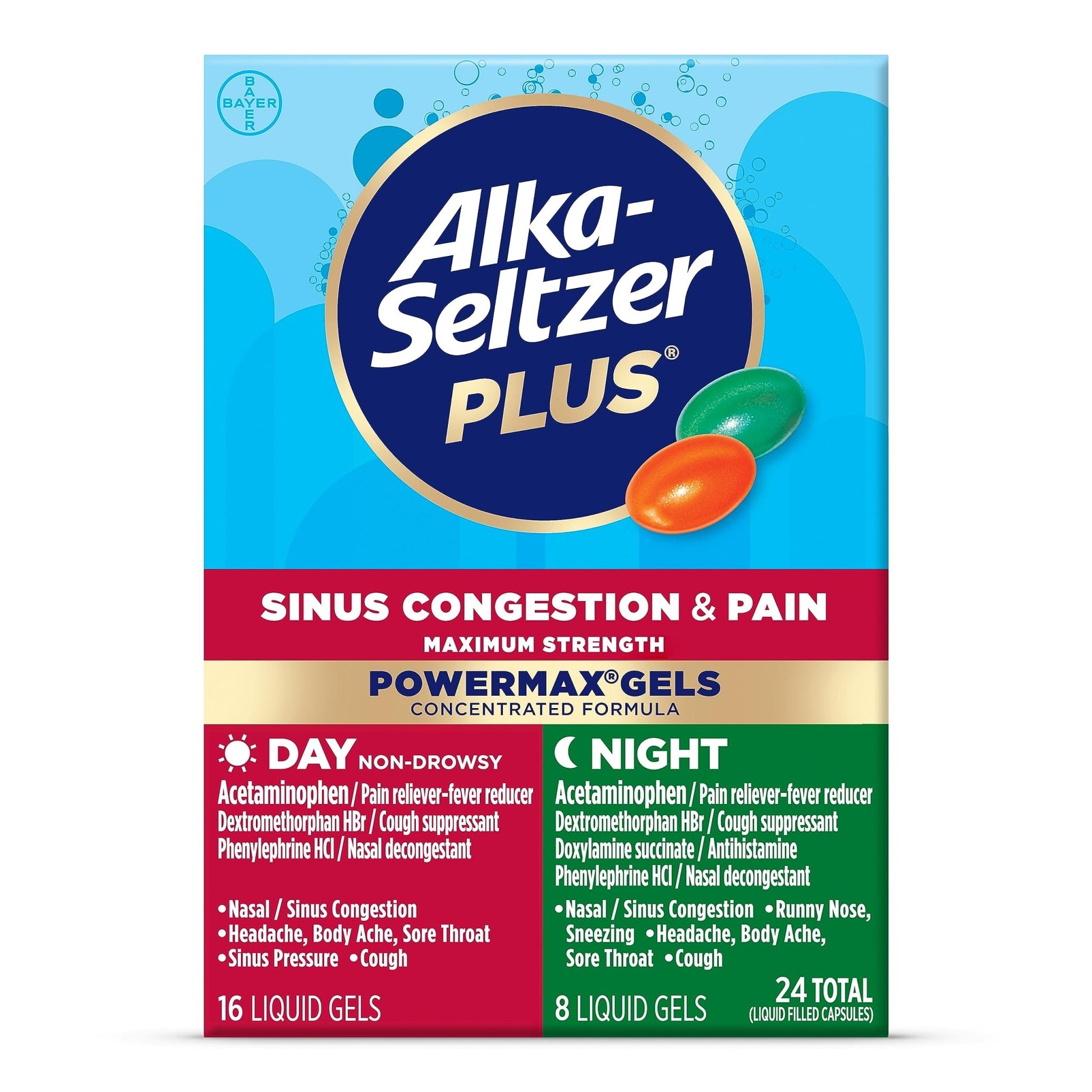 Alka-Seltzer Plus Maximum Strength PowerMax Sinus Congestion & Pain Medicine, Day + Night Liquid Gels - Powerful Relief for Cold and Flu, + Sinus Congestion for Adults and Children 12+ Years, 24 Count - dailyvitalstore