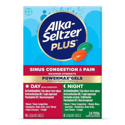 Alka-Seltzer Plus Maximum Strength PowerMax Sinus Congestion & Pain Medicine, Day + Night Liquid Gels - Powerful Relief for Cold and Flu, + Sinus Congestion for Adults and Children 12+ Years, 24 Count - dailyvitalstore
