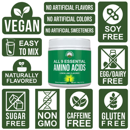 All 9 Essential Amino Acids Powder. Pre + During + Post Workout with EAAs + BCAAs for Energy, Muscle Growth, and Recovery. Non-GMO BCAA and EAA Powders for Men + Women. 3rd Party Tested. Lemon Lime - dailyvitalstore