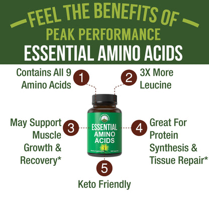 All 9 Essential Amino Acids Supplement. Capsules with 3X More Leucine for Muscle Recovery, Growth. EAA Supplement Better Than BCAA / BCAAS Branched Chain Aminos Acid. - dailyvitalstore