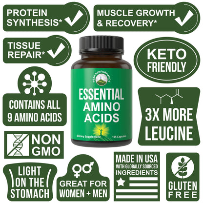 All 9 Essential Amino Acids Supplement. Capsules with 3X More Leucine for Muscle Recovery, Growth. EAA Supplement Better Than BCAA / BCAAS Branched Chain Aminos Acid. - dailyvitalstore
