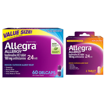 Allegra Adult 24-Hour Allergy Relief Gelcaps, Non-Drowsy Indoor and Outdoor Allergy Medicine, 180 mg Fexofenadine HCI Antihistamine Pill, 60 Count Plus 1 Count Travel Pack - dailyvitalstore