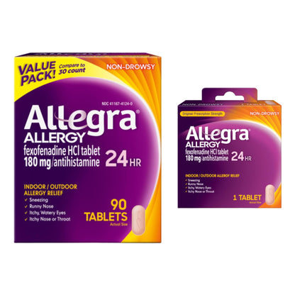 Allegra Adult 24-Hour Allergy Relief Tablets, Non-Drowsy Indoor and Outdoor Allergy Medicine, 180 mg Fexofenadine HCI Antihistamine Pill, 90 Count Plus 1 Count Travel Pack - dailyvitalstore