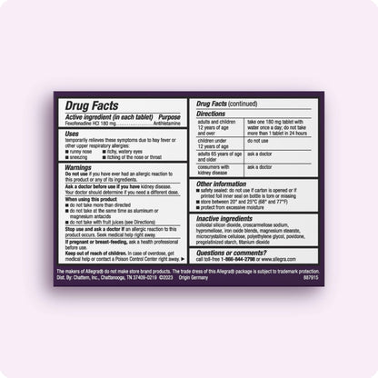 Allegra Adult 24-Hour Allergy Relief Tablets, Non-Drowsy Indoor and Outdoor Allergy Medicine, 180 mg Fexofenadine HCI Antihistamine Pill, 90 Count Plus 1 Count Travel Pack - dailyvitalstore