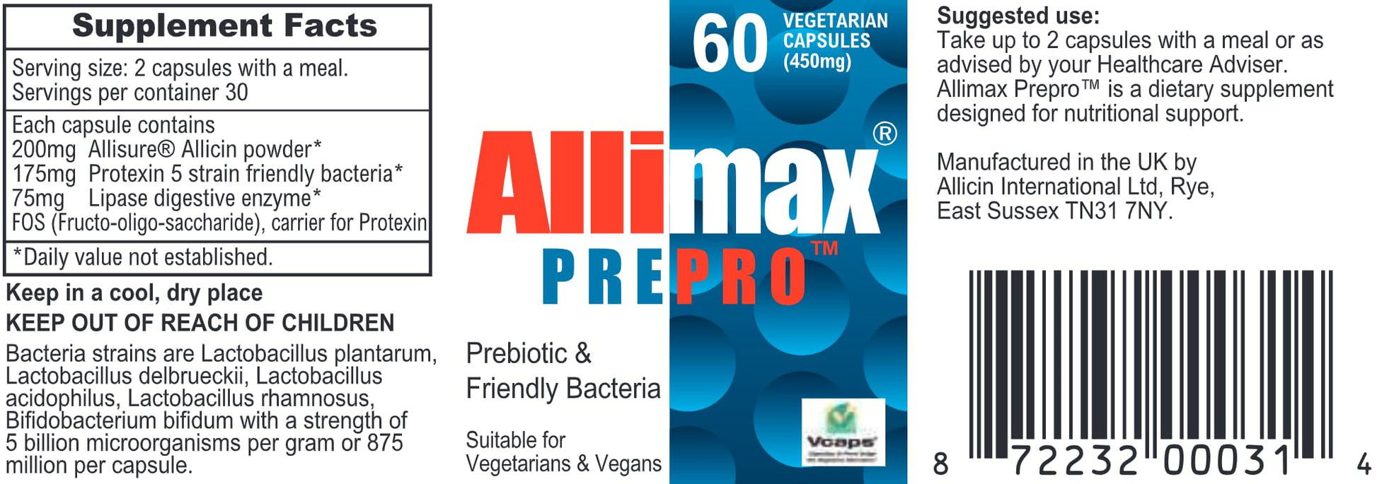 ALLIMAX Pre Pro - 60 Caps. Stabilized allicin Plus prebiotics, probiotics and Digestive enzymes. - dailyvitalstore