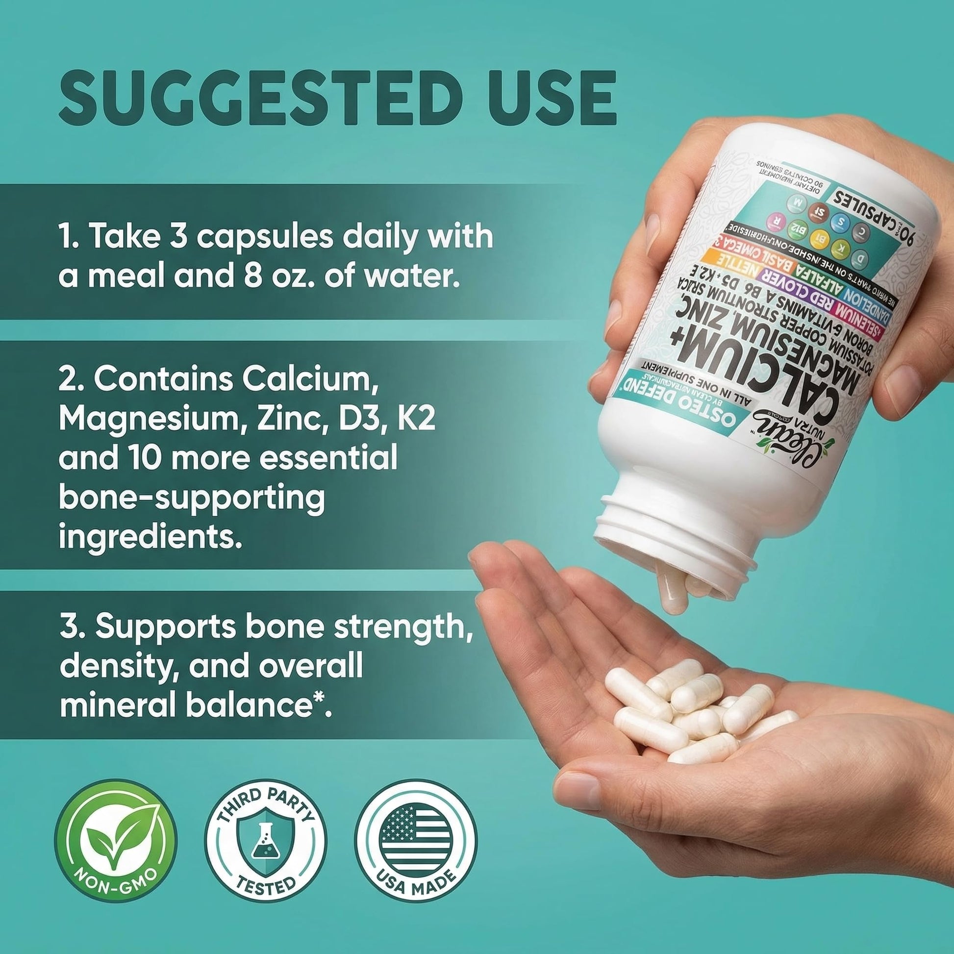 Allin1 Calcium Magnesium Zinc Supplement with Potassium, Copper, Strontium, Silica, Vitamin D3 K2, Boron, Vitamin B1 B12 Red Clover Herb Alfalfa Basil Pills for Men - dailyvitalstore