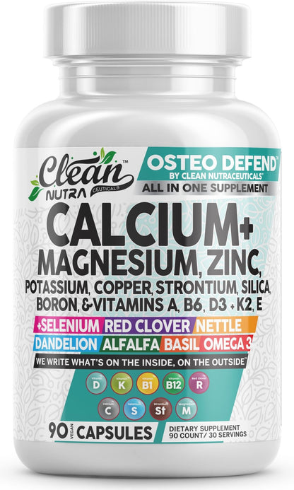 Allin1 Calcium Magnesium Zinc Supplement with Potassium, Copper, Strontium, Silica, Vitamin D3 K2, Boron, Vitamin B1 B12 Red Clover Herb Alfalfa Basil Pills for Men - dailyvitalstore