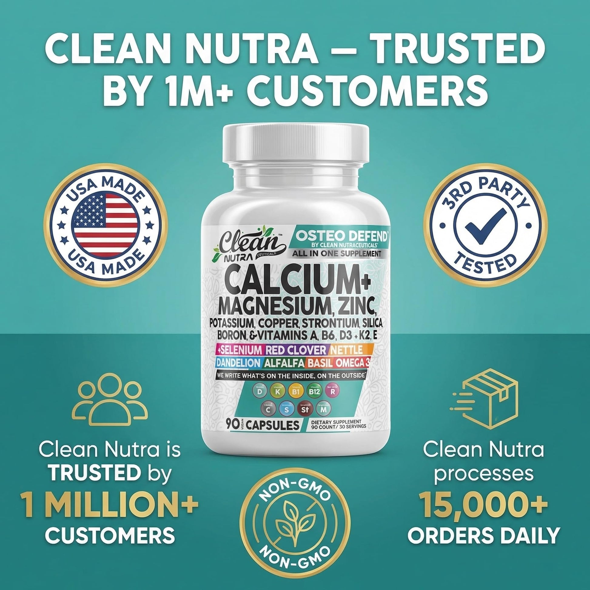 Allin1 Calcium Magnesium Zinc Supplement with Potassium, Copper, Strontium, Silica, Vitamin D3 K2, Boron, Vitamin B1 B12 Red Clover Herb Alfalfa Basil Pills for Men - dailyvitalstore