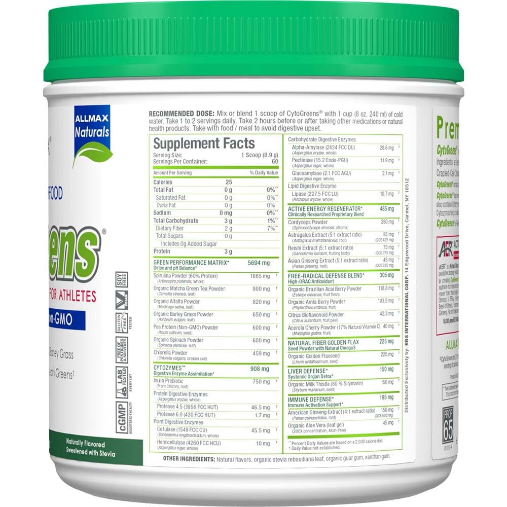 ALLMAX Naturals CytoGreens Super Greens Powder, Premium Green Superfood with Greens, Superfoods, Daily Greens Supplement, Acai Berry Green Tea, 60 Servings - dailyvitalstore
