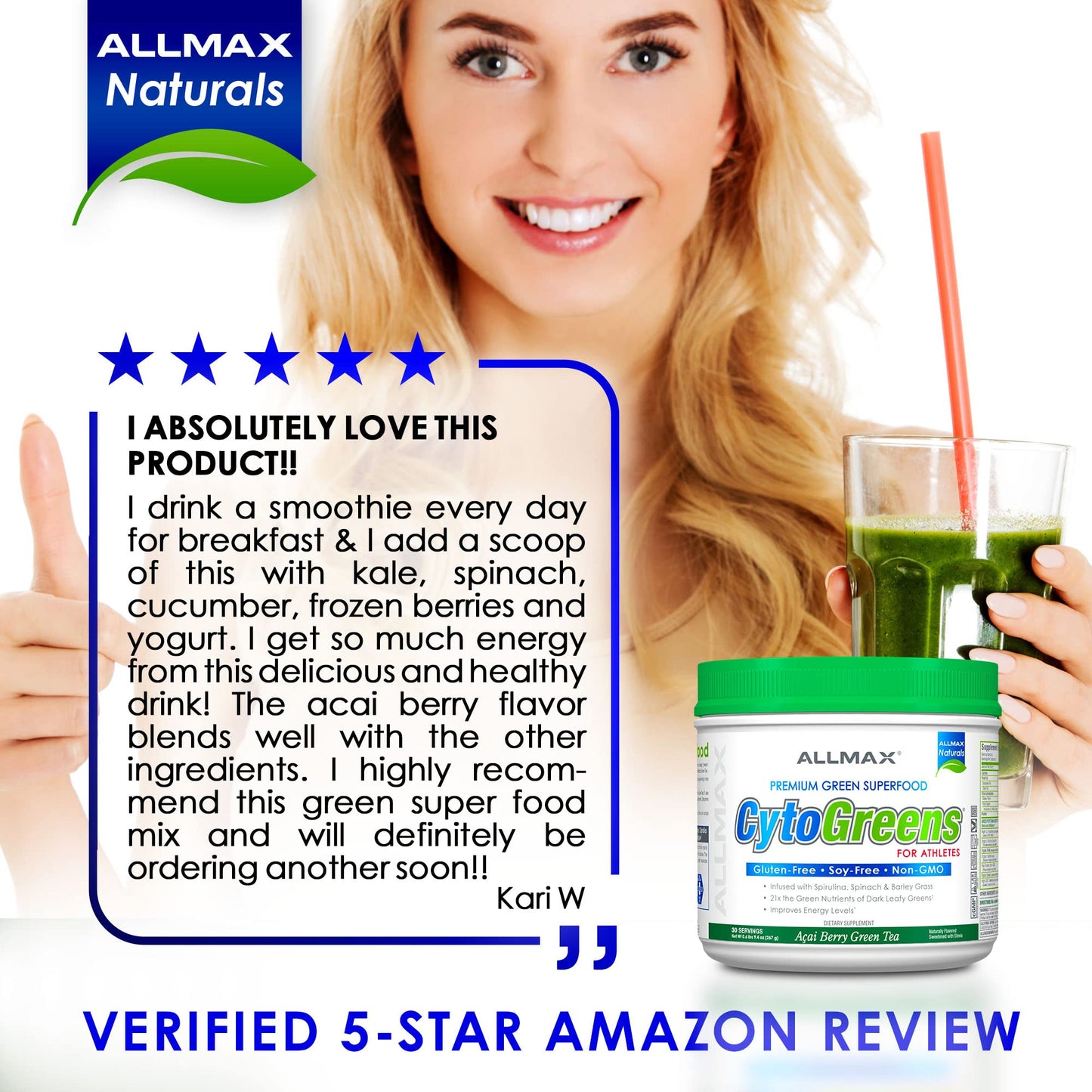 ALLMAX Naturals CytoGreens Super Greens Powder, Premium Green Superfood with Greens, Superfoods, Daily Greens Supplement, Acai Berry Green Tea, 60 Servings - dailyvitalstore