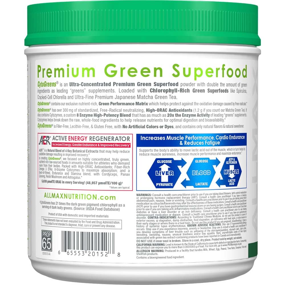 ALLMAX Naturals CytoGreens Super Greens Powder, Premium Green Superfood with Greens, Superfoods, Daily Greens Supplement, Acai Berry Green Tea, 60 Servings - dailyvitalstore