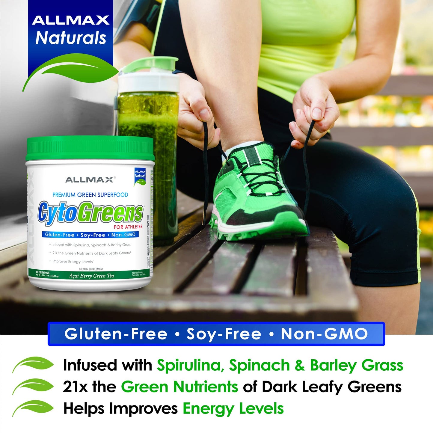 ALLMAX Naturals CytoGreens Super Greens Powder, Premium Green Superfood with Greens, Superfoods, Daily Greens Supplement, Acai Berry Green Tea, 60 Servings - dailyvitalstore