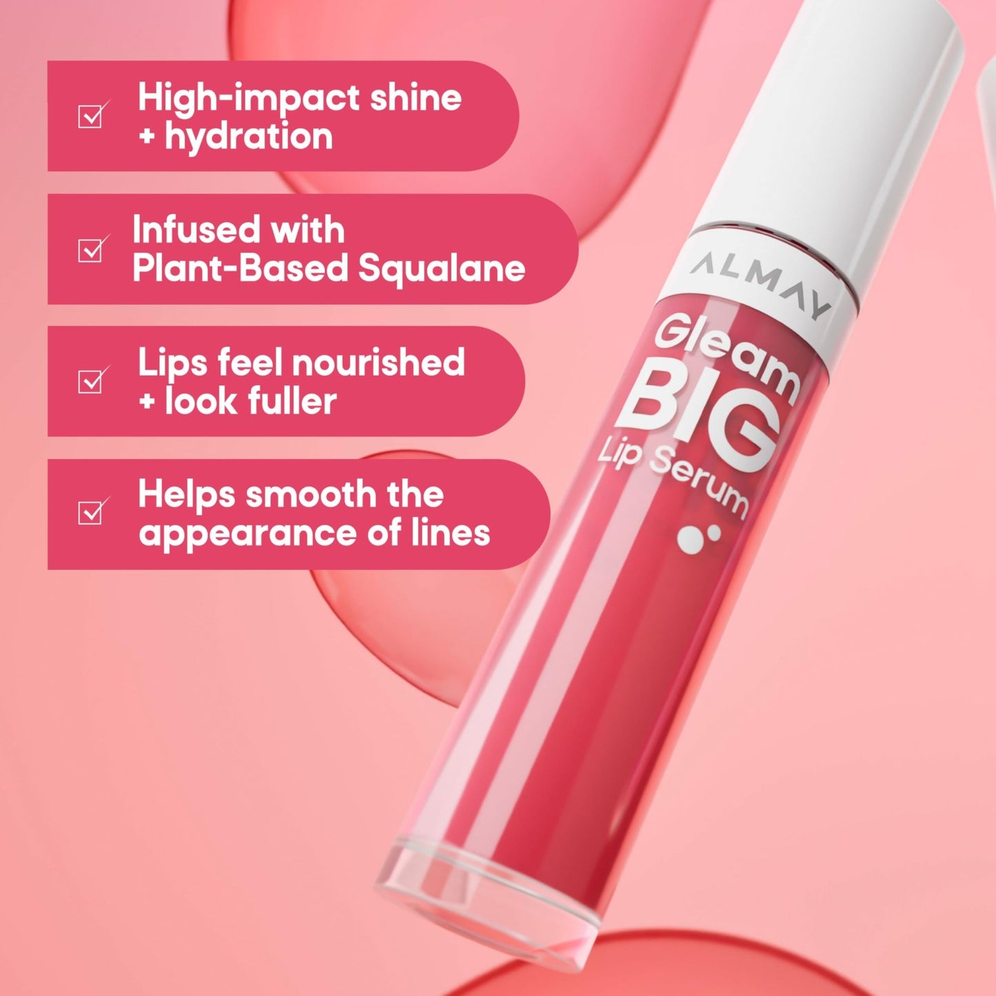 Almay Gleam Big™ Lip Serum, Hydrating and Moisturizing, Hypoallergenic Lip Gloss, Non-Sticky, 100 Positively Pink, 0.13 fl oz - dailyvitalstore