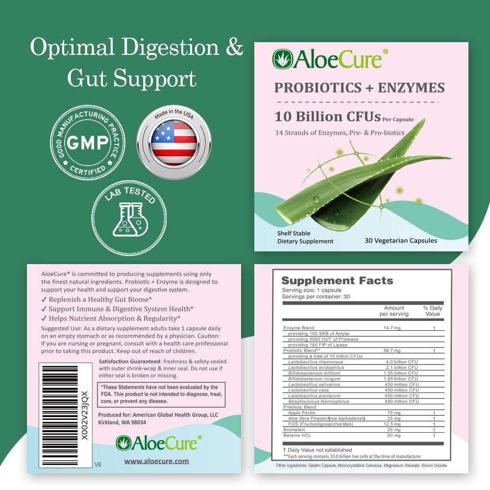 AloeCure Daily Probiotics 10 Billion CFU for Digestive Support 8 Strains, 6 Prebiotics & Enzymes - Digestive Supplement with Bromelain for Women & Men - dailyvitalstore