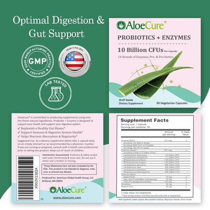 AloeCure Daily Probiotics 10 Billion CFU for Digestive Support 8 Strains, 6 Prebiotics & Enzymes - Digestive Supplement with Bromelain for Women & Men - dailyvitalstore