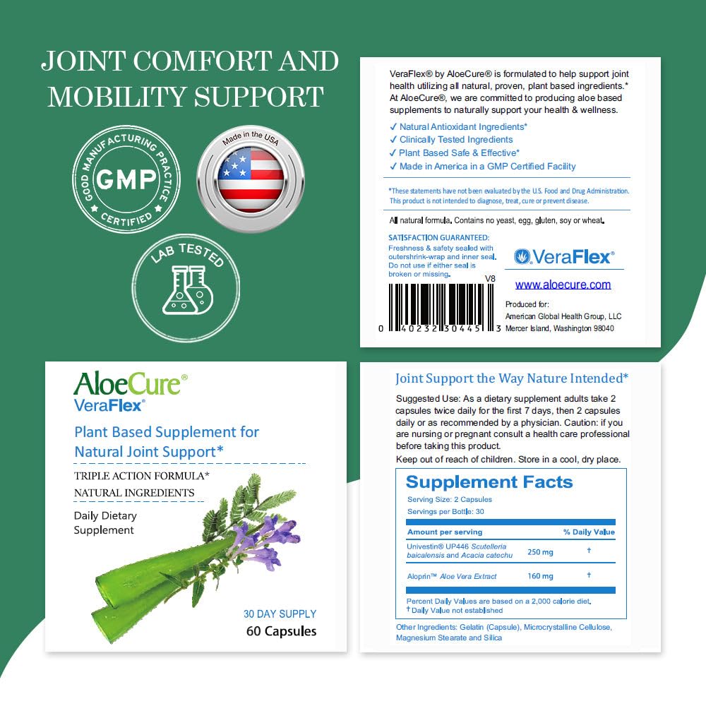 AloeCure VeraFlex Natural Joint Health, 60 Capsules, Clinically Tested Natural Plant-Based Formula to Support Comfort, Mobility and Flexibility - Featuring Organic Aloe Vera, 3-Pack - dailyvitalstore