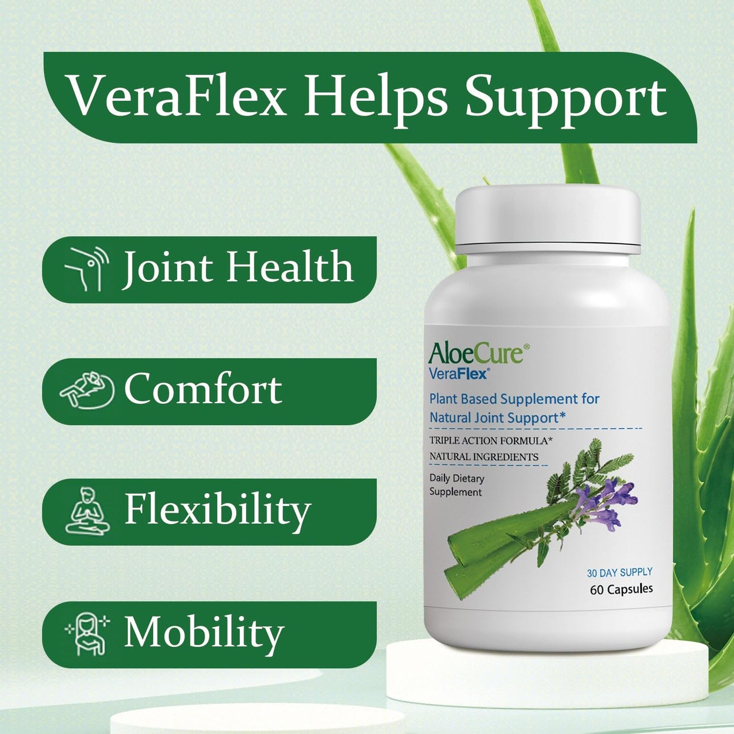 AloeCure VeraFlex Natural Joint Health, 60 Capsules, Clinically Tested Natural Plant-Based Formula to Support Comfort, Mobility and Flexibility - Featuring Organic Aloe Vera - dailyvitalstore