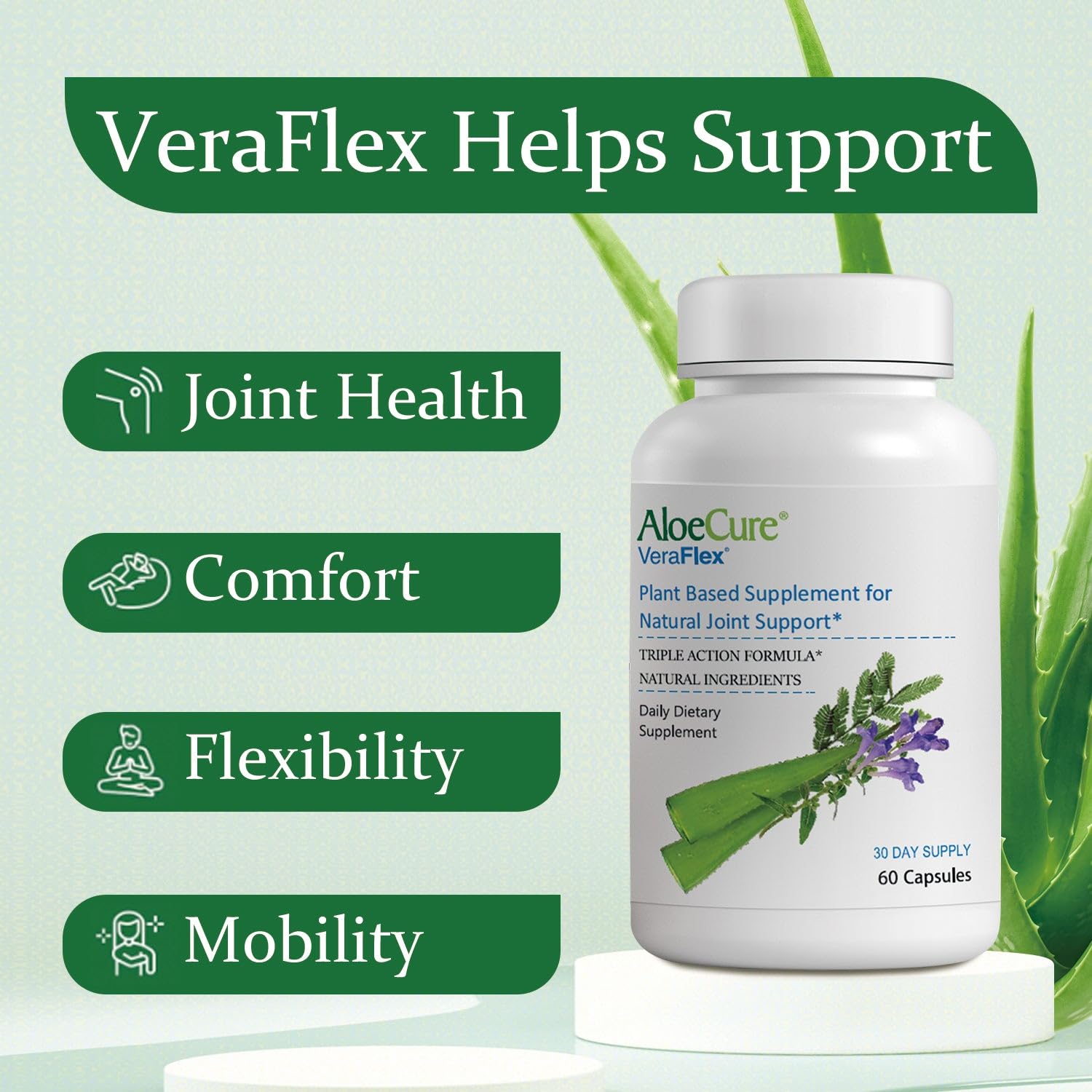 AloeCure VeraFlex Natural Joint Health, 60 Capsules, Clinically Tested Natural Plant-Based Formula to Support Comfort, Mobility and Flexibility - Featuring Organic Aloe Vera - dailyvitalstore