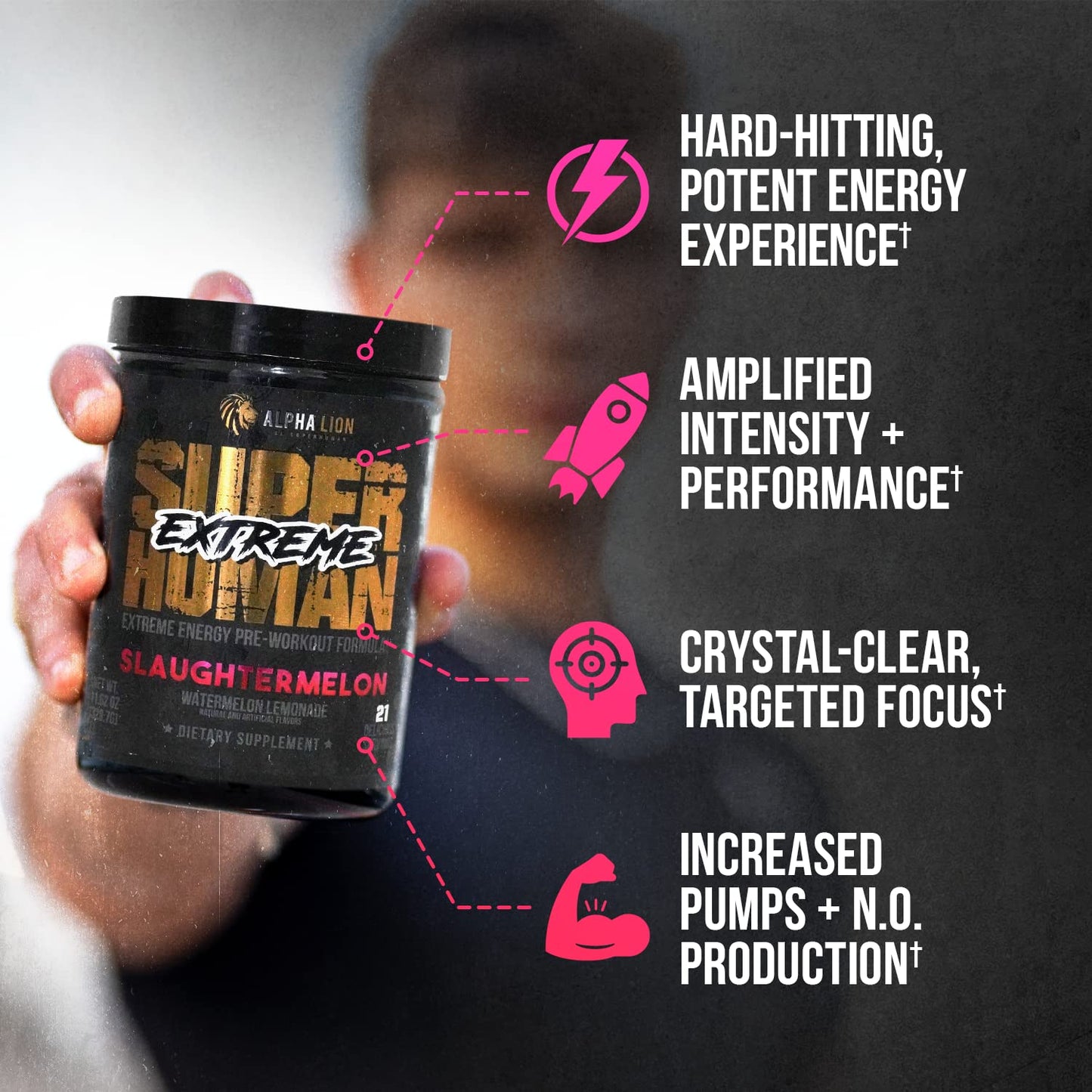 ALPHA LION Superhuman Extreme High Stim Pre Workout Powder, Beta Alanine, L-Taurine & 356mg Tri-Source Caffeine for Sustained Energy, Nitric Oxide & Citrulline for Pump (21 Servings, Slaughtermelon) - dailyvitalstore
