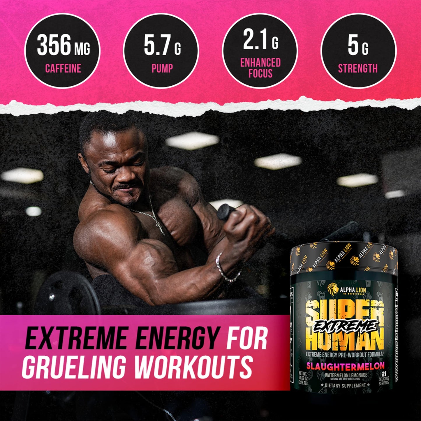 ALPHA LION Superhuman Extreme High Stim Pre Workout Powder, Beta Alanine, L-Taurine & 356mg Tri-Source Caffeine for Sustained Energy, Nitric Oxide & Citrulline for Pump (21 Servings, Slaughtermelon) - dailyvitalstore