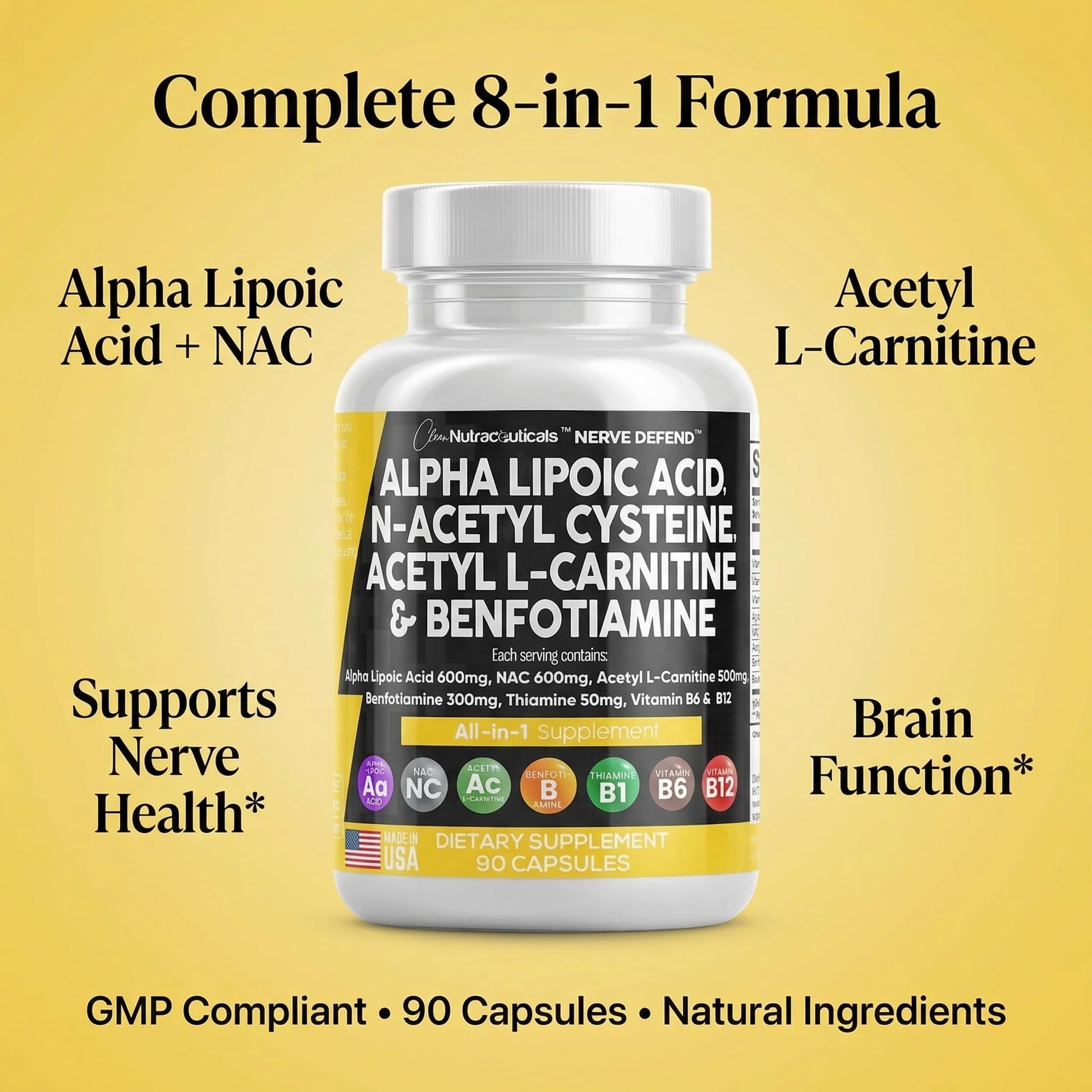 Alpha Lipoic Acid 600mg N-Acetyl Cysteine 600mg Acetyl L-Carnitine 500mg Benfotiamine 300mg - Nerve Support Supplement for Women and Men - dailyvitalstore