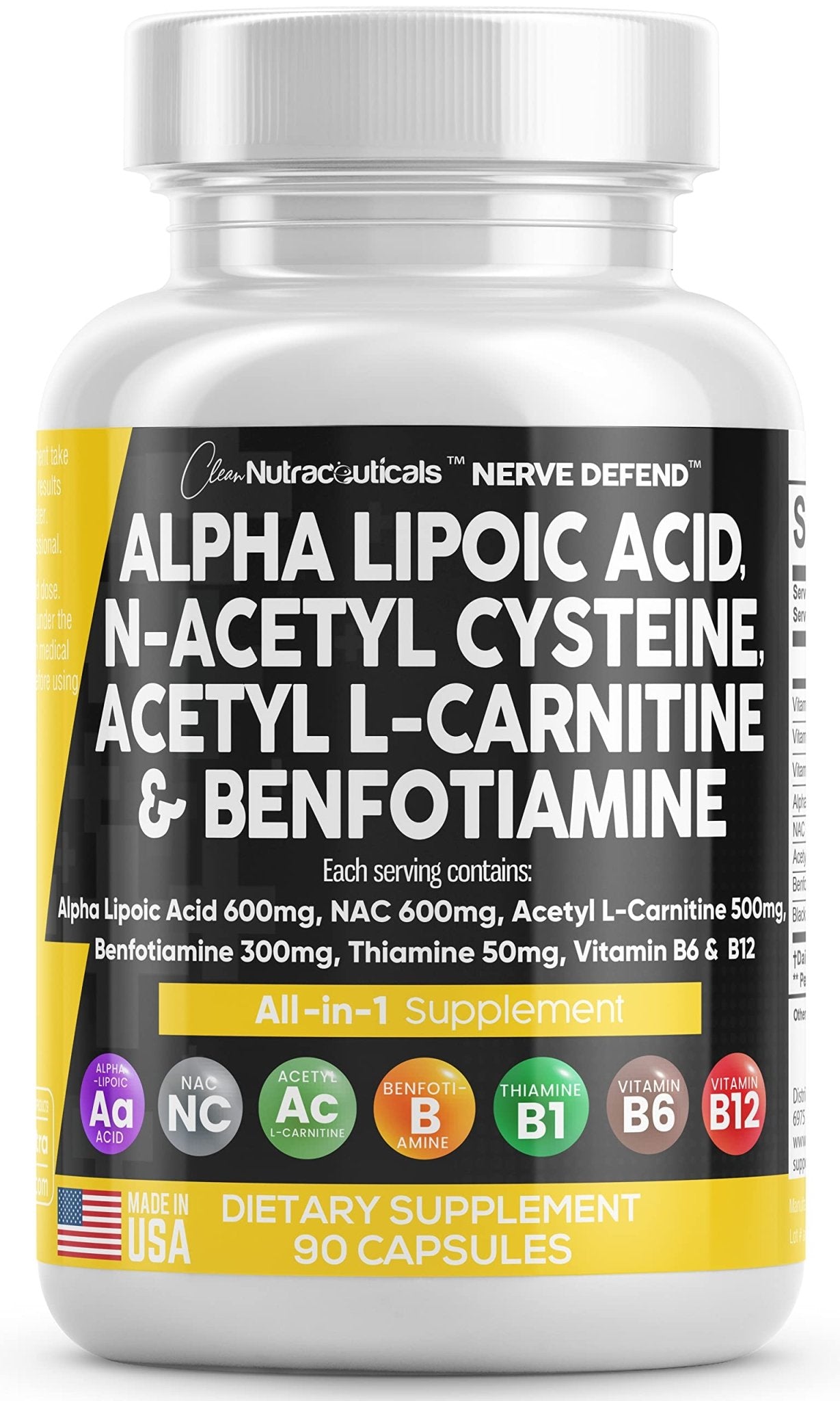 Alpha Lipoic Acid 600mg N-Acetyl Cysteine 600mg Acetyl L-Carnitine 500mg Benfotiamine 300mg - Nerve Support Supplement for Women and Men - dailyvitalstore