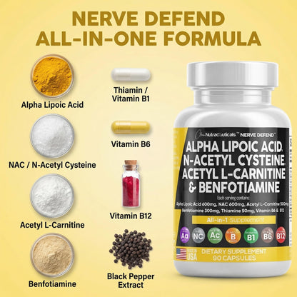 Alpha Lipoic Acid 600mg N-Acetyl Cysteine 600mg Acetyl L-Carnitine 500mg Benfotiamine 300mg - Nerve Support Supplement for Women and Men - dailyvitalstore
