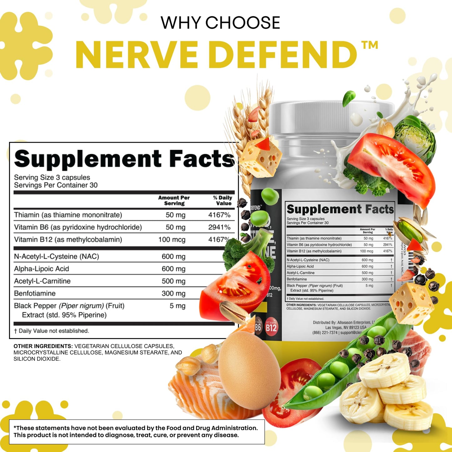 Alpha Lipoic Acid 600mg N-Acetyl Cysteine 600mg Acetyl L-Carnitine 500mg Benfotiamine 300mg - Nerve Support Supplement for Women and Men with Vitamin B1 B6 & B12 - Made in USA 90 Caps - dailyvitalstore