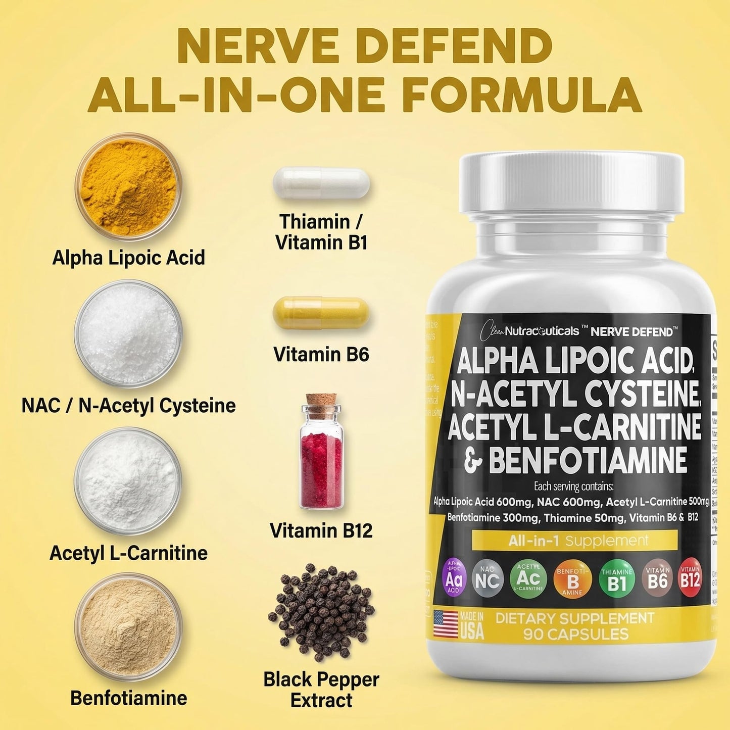 Alpha Lipoic Acid 600mg N-Acetyl Cysteine 600mg Acetyl L-Carnitine 500mg Benfotiamine 300mg - Nerve Support Supplement for Women and Men with Vitamin B1 B6 & B12 - Made in USA 90 Caps - dailyvitalstore