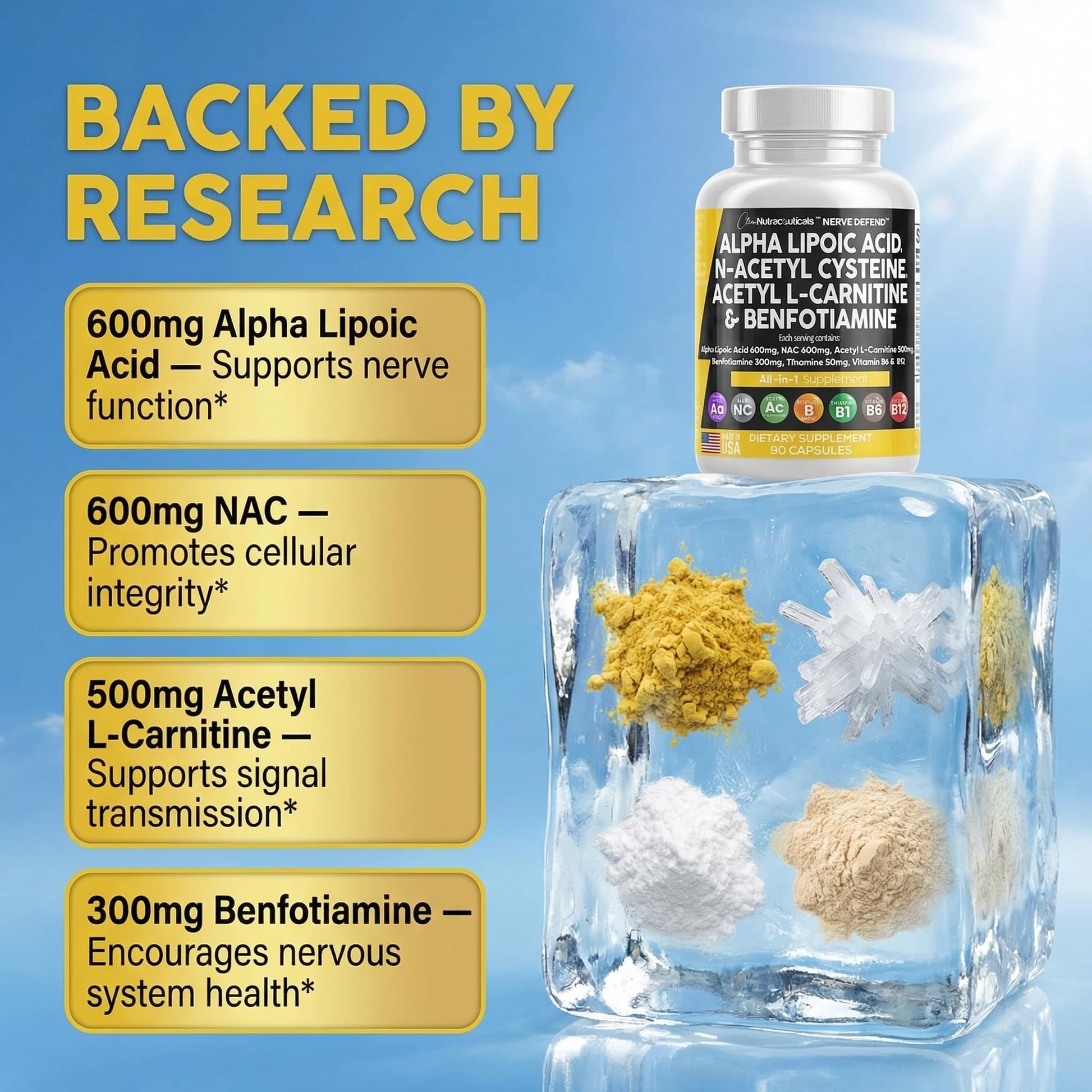 Alpha Lipoic Acid 600mg N-Acetyl Cysteine 600mg Acetyl L-Carnitine 500mg Benfotiamine 300mg - Nerve Support Supplement for Women and Men with Vitamin B1 B6 & B12 - Made in USA 90 Caps - dailyvitalstore