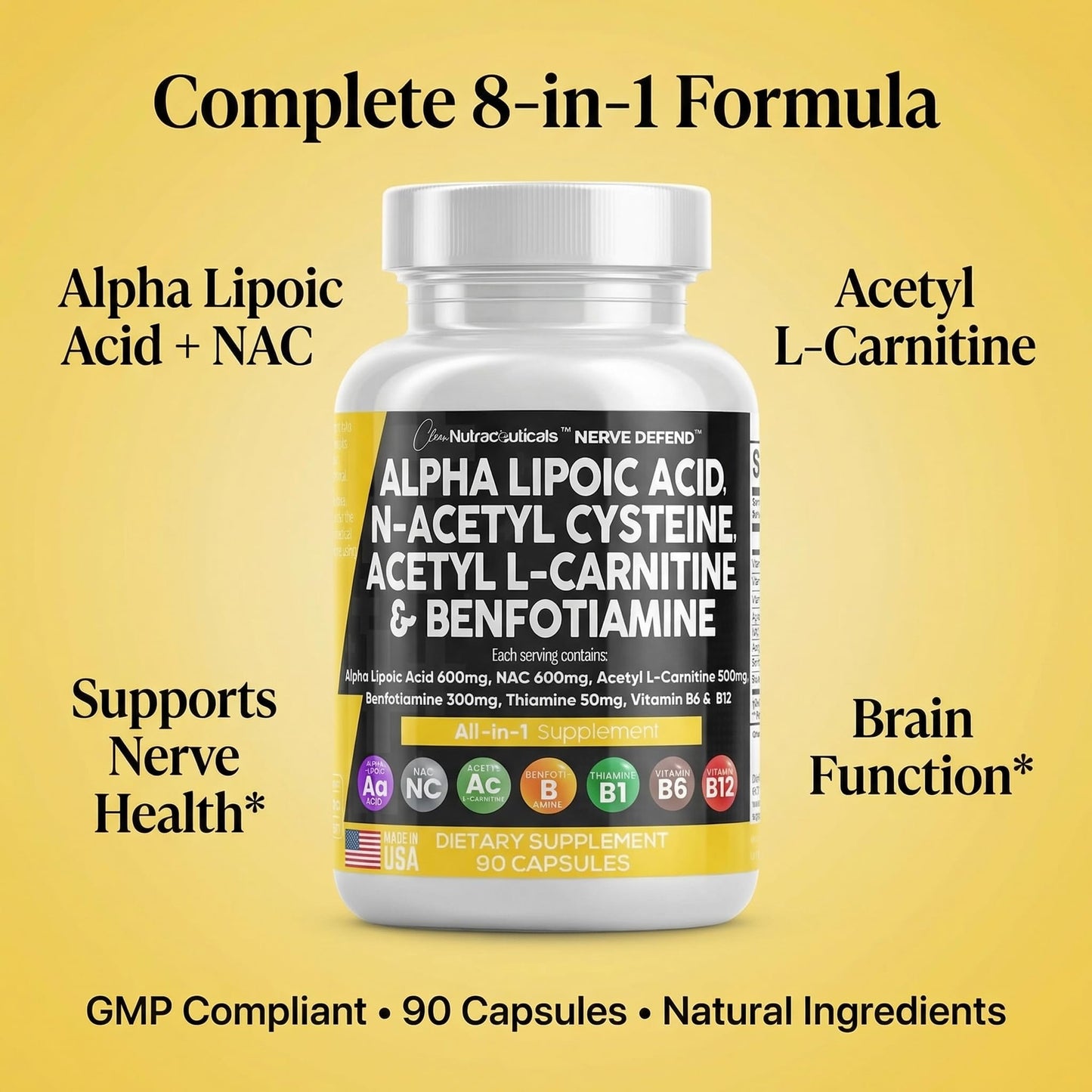 Alpha Lipoic Acid 600mg N-Acetyl Cysteine 600mg Acetyl L-Carnitine 500mg Benfotiamine 300mg - Nerve Support Supplement for Women and Men with Vitamin B1 B6 & B12 - Made in USA 90 Caps - dailyvitalstore