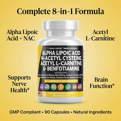 Alpha Lipoic Acid 600mg N-Acetyl Cysteine 600mg Acetyl L-Carnitine 500mg Benfotiamine 300mg - Nerve Support Supplement for Women and Men with Vitamin B1 B6 & B12 - Made in USA 90 Caps - dailyvitalstore
