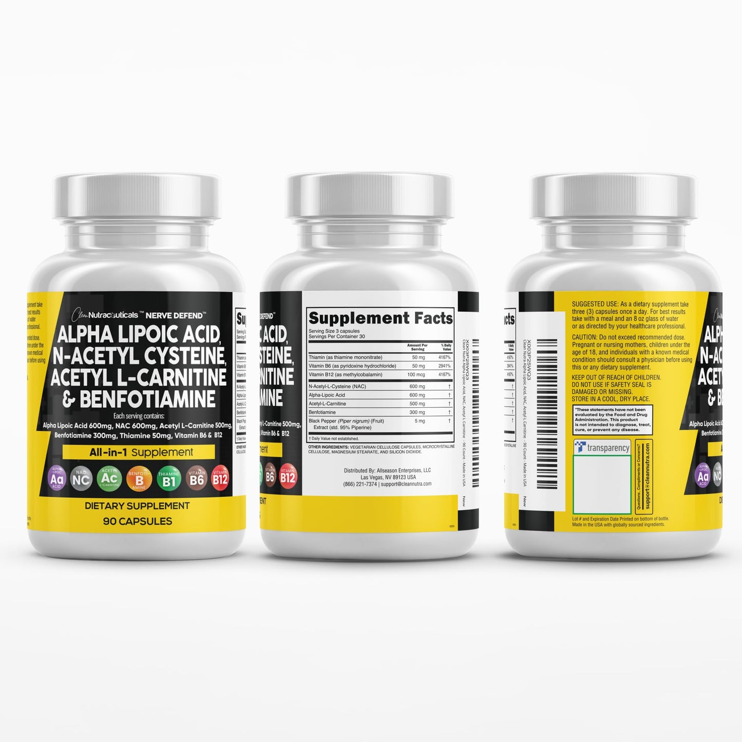Alpha Lipoic Acid 600mg N-Acetyl Cysteine 600mg Acetyl L-Carnitine 500mg Benfotiamine 300mg - Nerve Support Supplement for Women and Men with Vitamin B1 B6 & B12 - Made in USA 90 Caps - dailyvitalstore