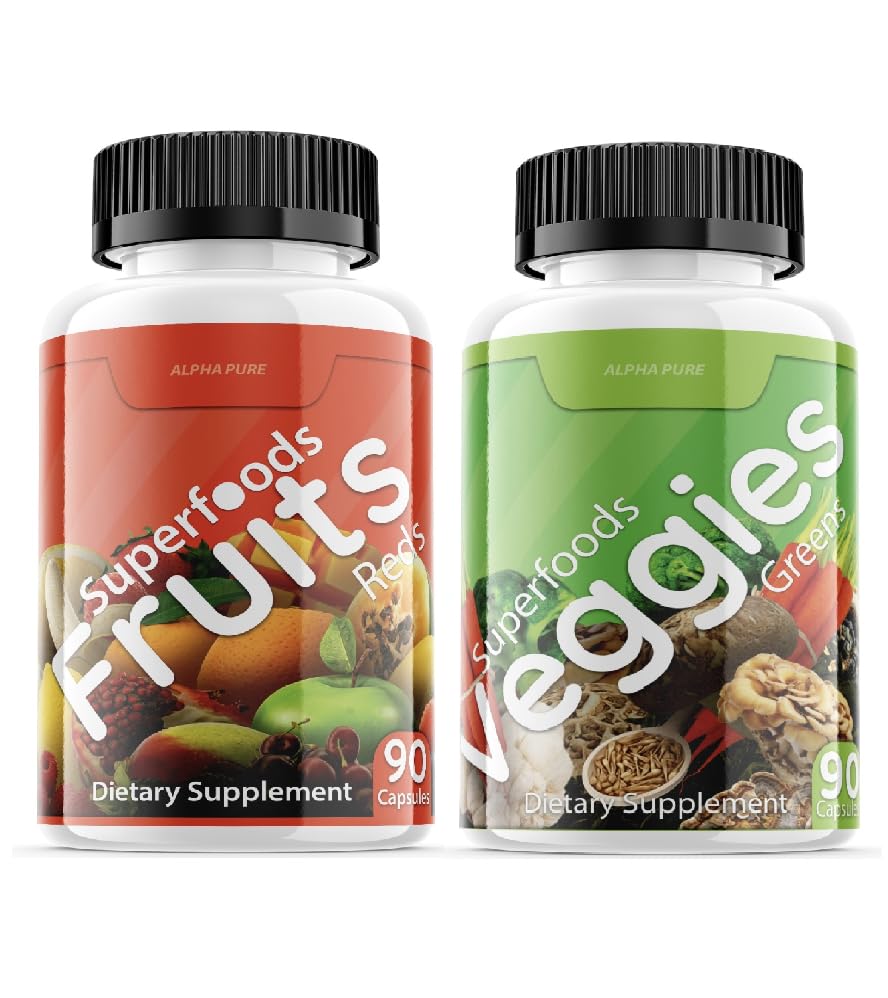 Alpha Pure Superfoods Reds Fruits and Greens 180 Capsules Vegetables Fruits and Veggies Superfood | Natural Balance of 90 Fruit Capsules, 90 Veggie Capsules for Men, Women Vitamins and Minerals - dailyvitalstore