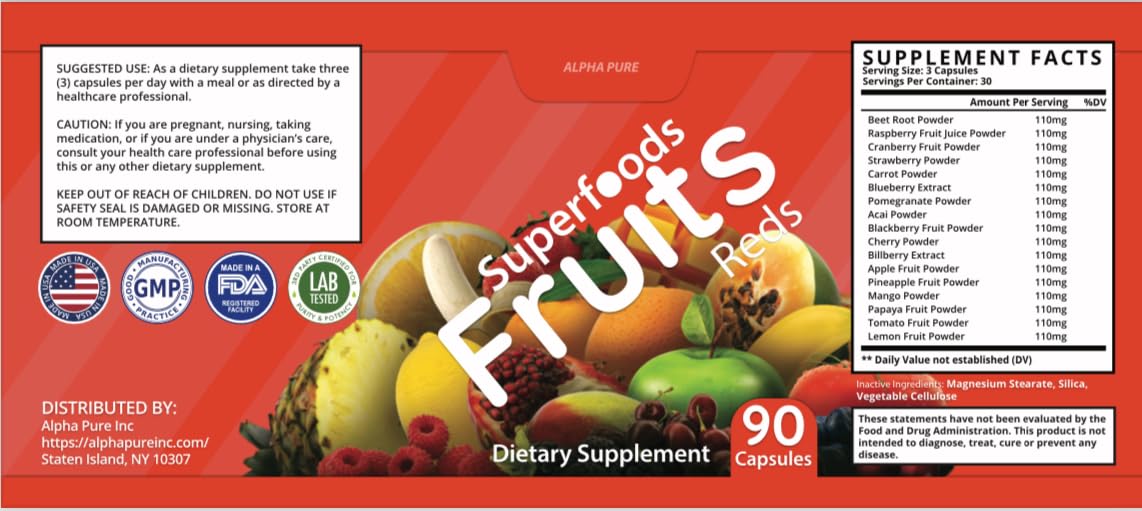 Alpha Pure Superfoods Reds Fruits and Greens 180 Capsules Vegetables Fruits and Veggies Superfood | Natural Balance of 90 Fruit Capsules, 90 Veggie Capsules for Men, Women Vitamins and Minerals - dailyvitalstore
