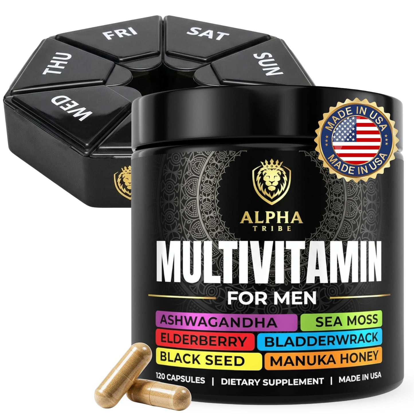 Alpha Tribe Multivitamin for Men & Organizer w/Seamoss Black Seed Oil Ashwagandha Burdock Root Turmeric Bladderwrack Vitamin C | Daily Men's Vitamins & Minerals Supplement | 60 Count - dailyvitalstore